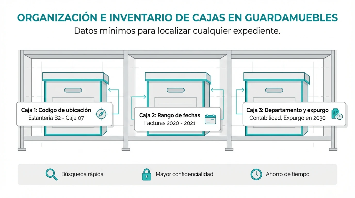 Diagrama que muestra cómo etiquetar cajas de archivo con código de ubicación, rango de fechas y departamento