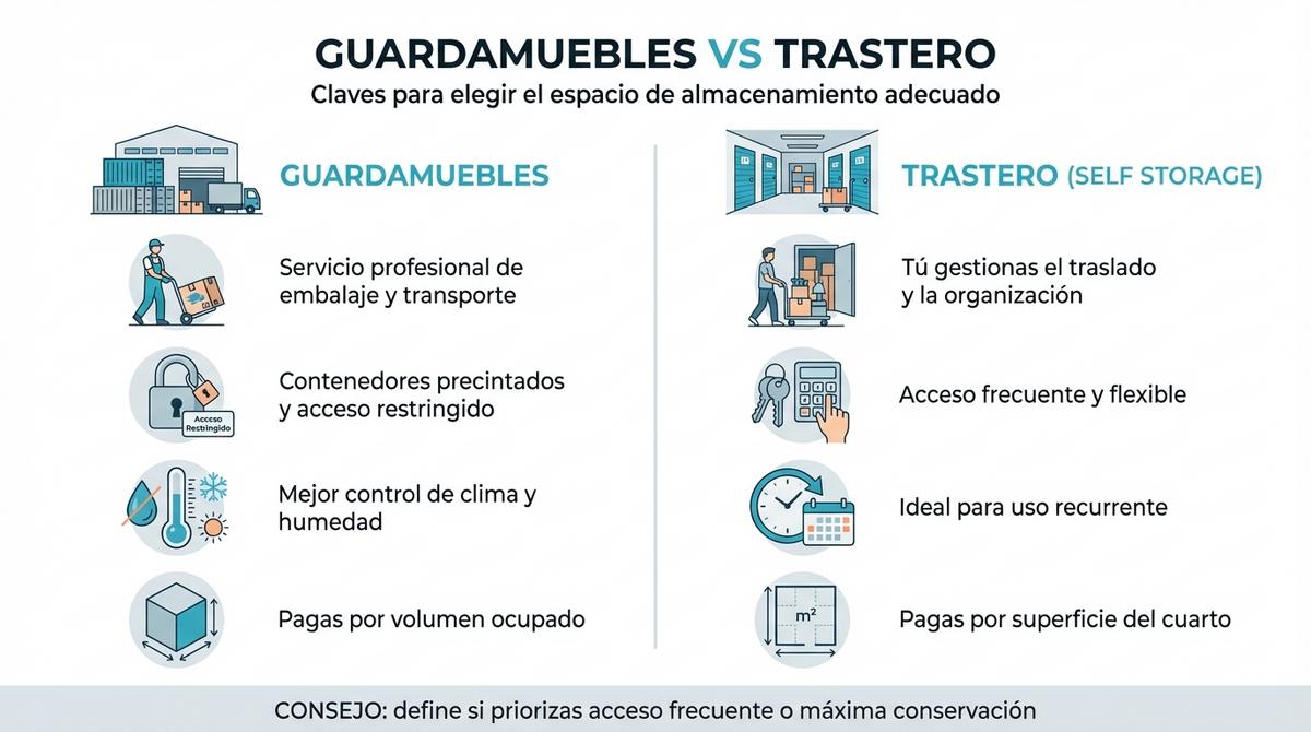 Infografía comparativa con las diferencias clave entre un guardamuebles y un trastero.