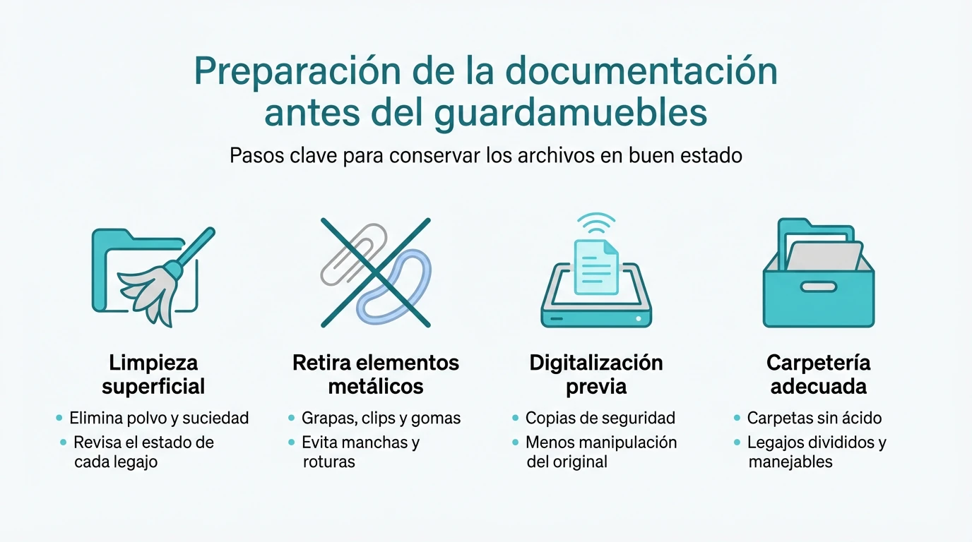 Infografía con los pasos clave para preparar documentación antes de trasladarla a un guardamuebles