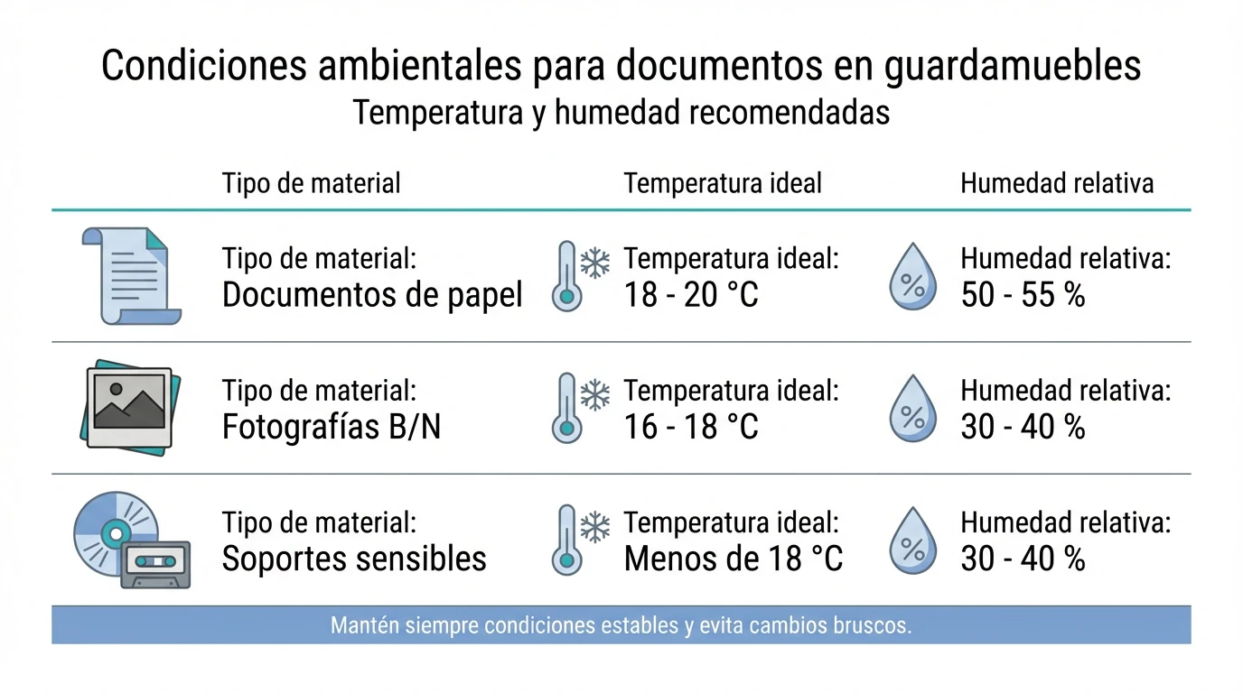 Infografía con tabla de rangos de temperatura y humedad recomendados para conservar distintos materiales en guardamuebles