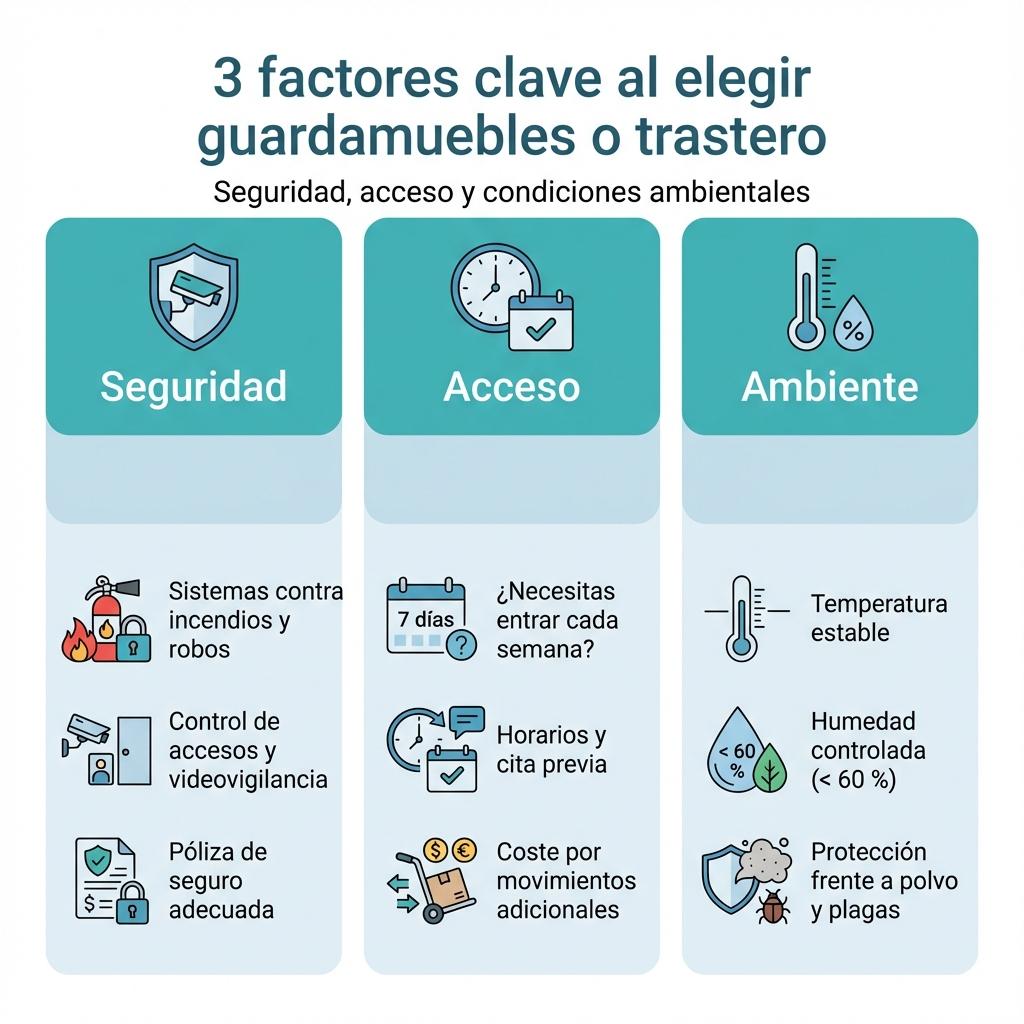 Infografía con tres columnas que resumen los factores de seguridad, acceso y ambiente al elegir guardamuebles o trastero.