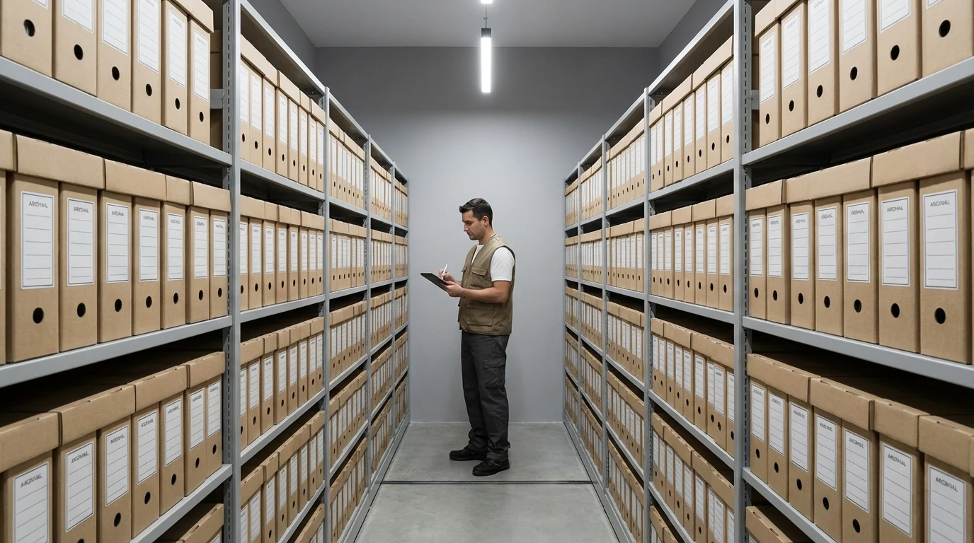Trabajador consultando el inventario de cajas de archivo en el pasillo de un guardamuebles