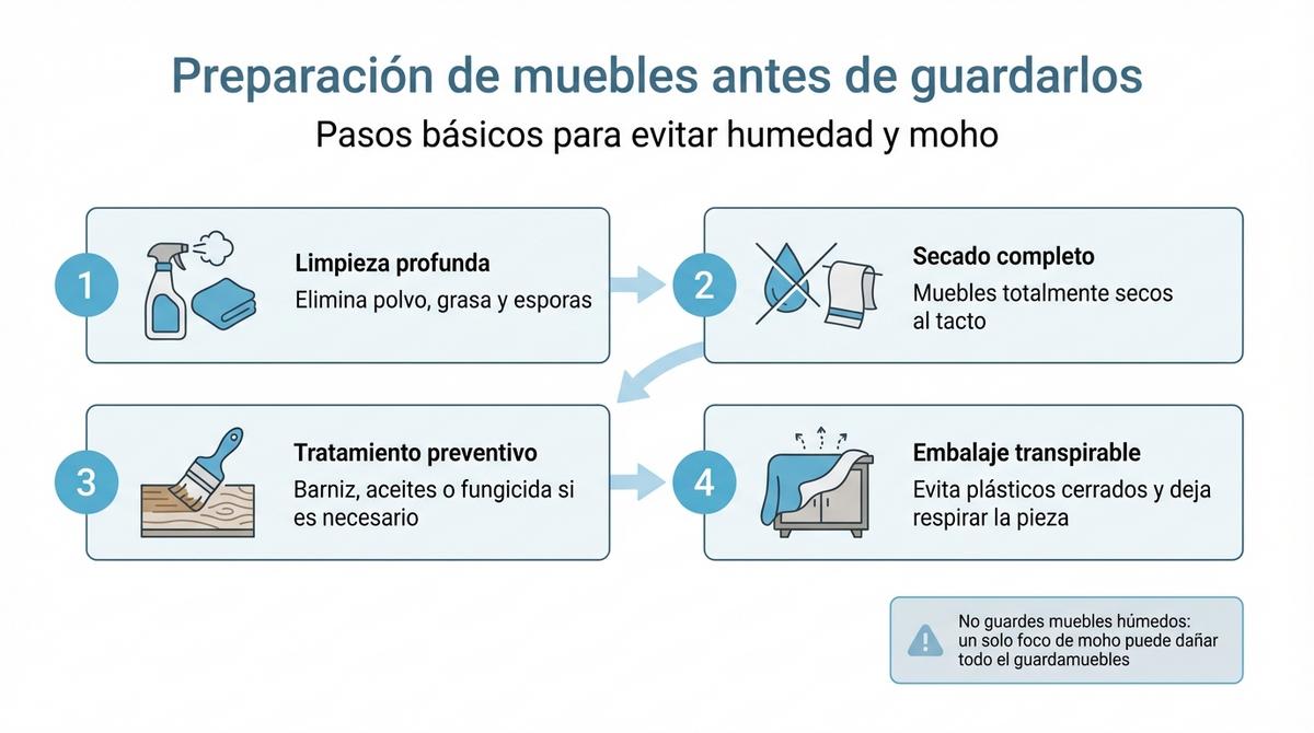 Diagrama con los pasos clave para preparar un mueble antes de guardarlo y evitar humedad y moho.