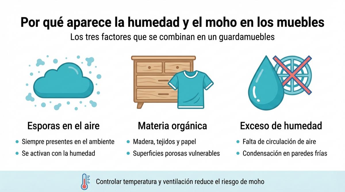 Infografía con tres columnas que explican las causas de la humedad y el moho en los muebles almacenados.