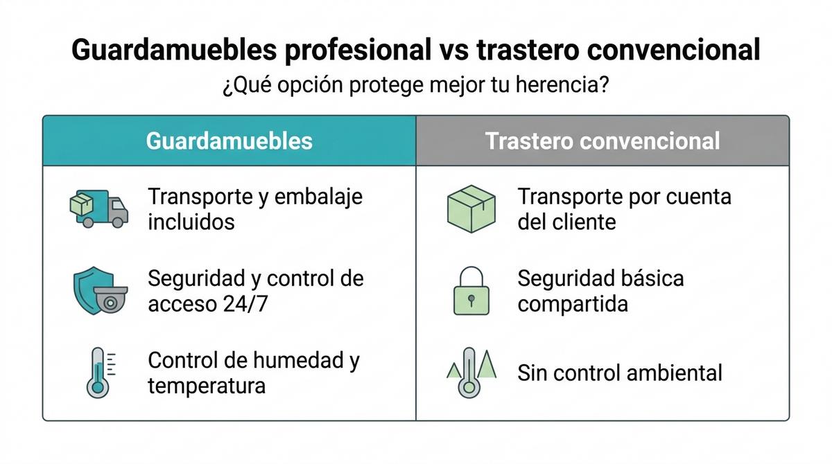 Diagrama comparativo entre un guardamuebles profesional y un trastero convencional.