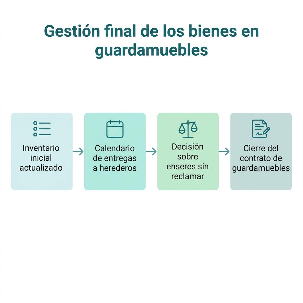 Diagrama de flujo con las etapas finales de gestión de los bienes en un guardamuebles tras una herencia.