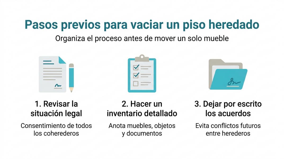 Infografía con tres pasos clave para organizar el vaciado de un piso heredado.