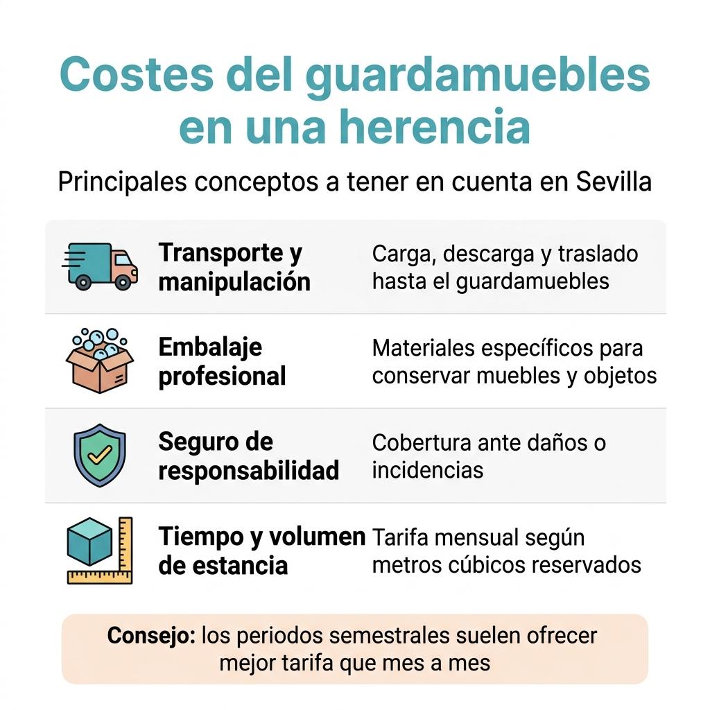 Infografía que resume los principales conceptos de coste de un guardamuebles para herencias.