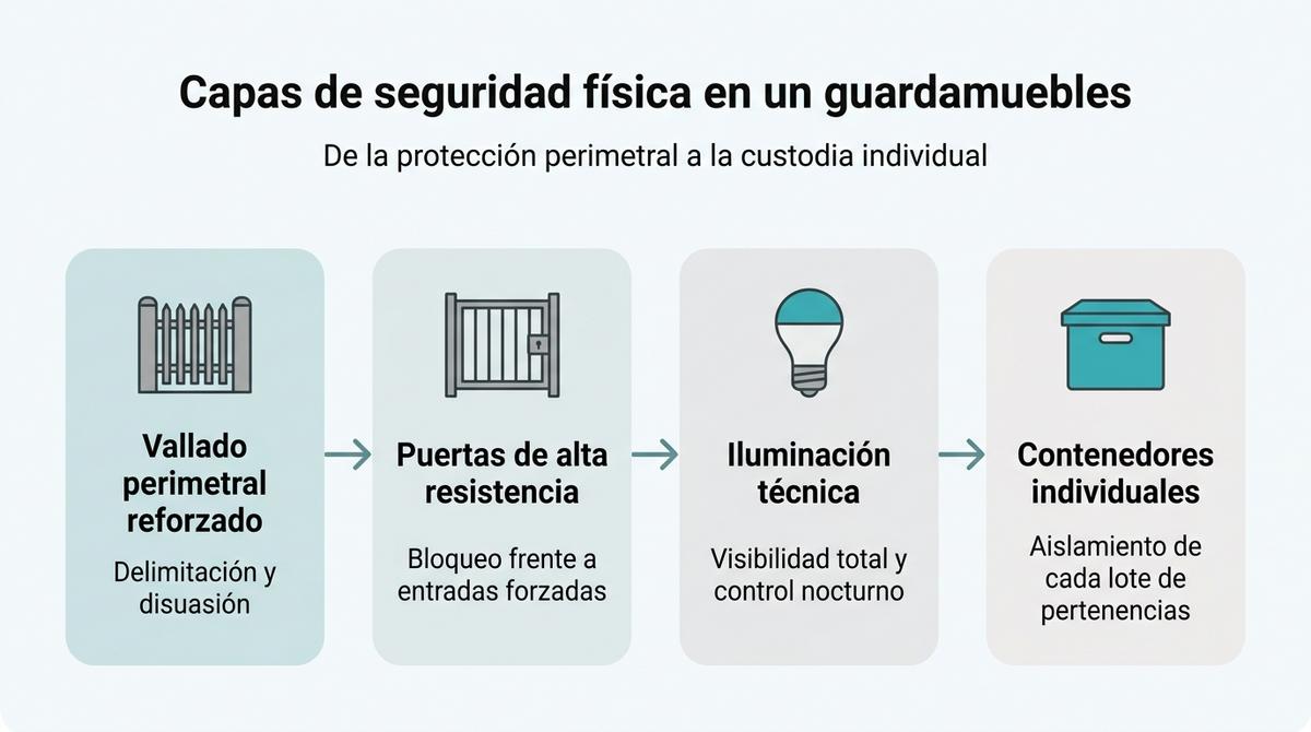 Diagrama de las principales capas de seguridad física en un guardamuebles profesional desde el vallado hasta los contenedores individuales.