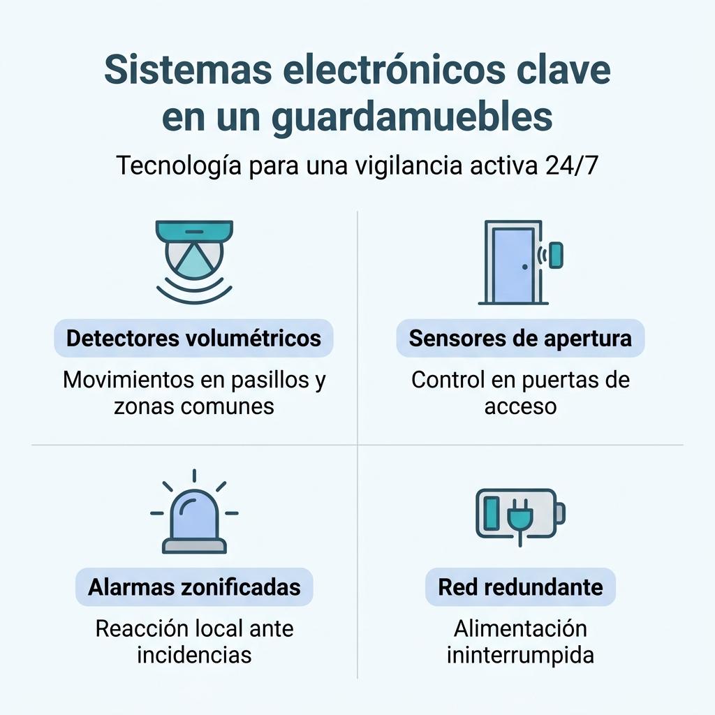 Infografía sobre los principales sistemas electrónicos de seguridad utilizados en un guardamuebles profesional.