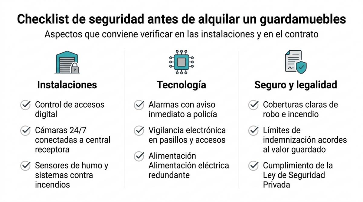 Infografía tipo checklist con los aspectos de seguridad, tecnología y seguro que revisar antes de alquilar un guardamuebles.