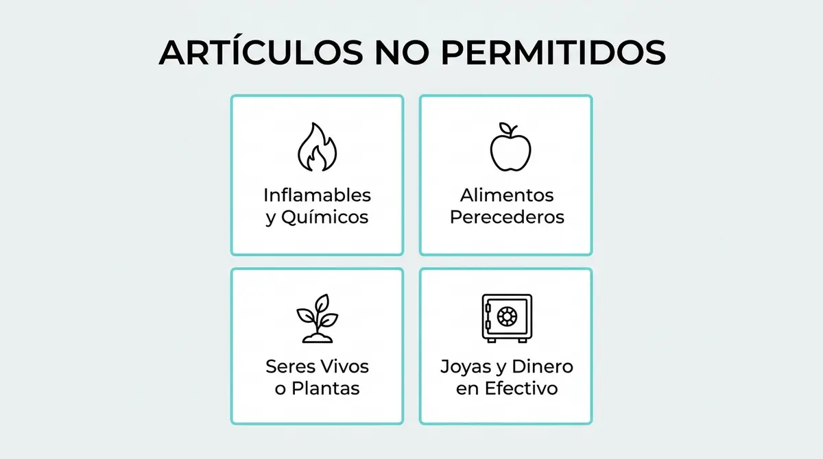 Infografía explicativa con el listado de los 4 tipos de objetos prohibidos para almacenar en un guardamuebles.