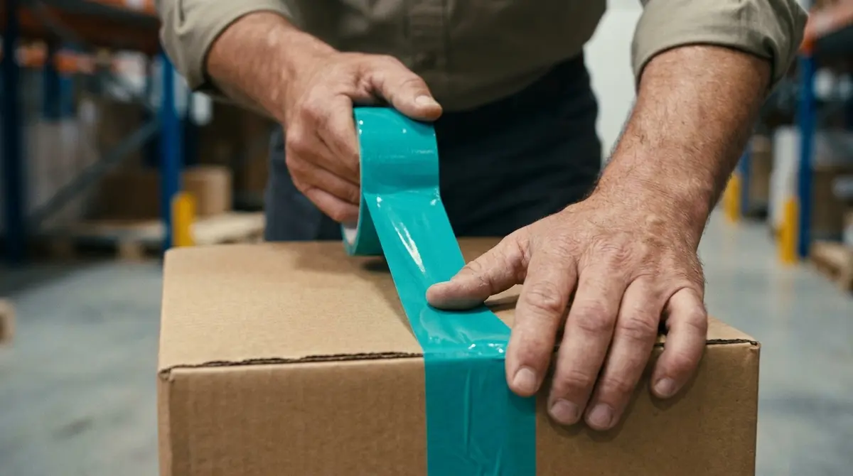 Manos de un profesional sellando con cinta adhesiva azul turquesa una caja de cartón para su almacenamiento seguro.