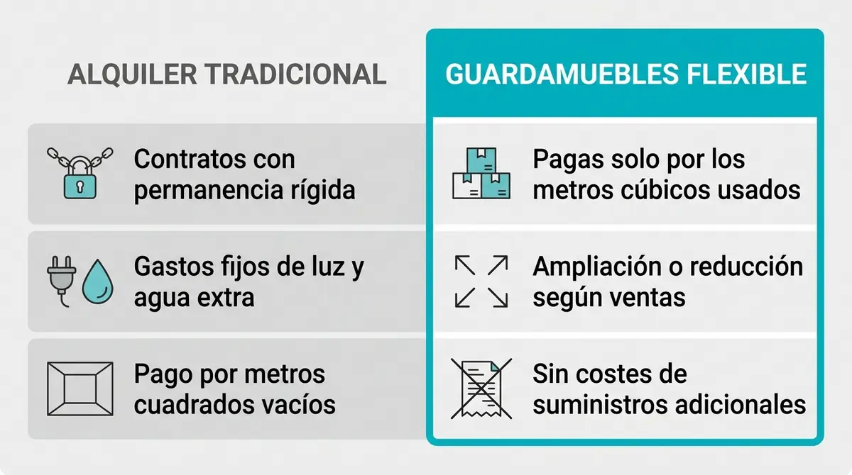 Infografía comparativa que detalla el ahorro de costes del guardamuebles flexible frente al alquiler tradicional.