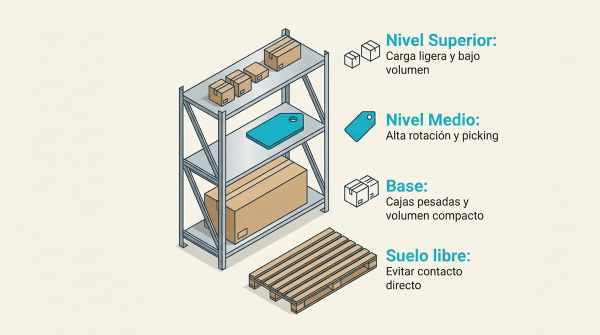 Infografía que muestra la distribución correcta del peso de las cajas en una estantería de almacenamiento logístico.