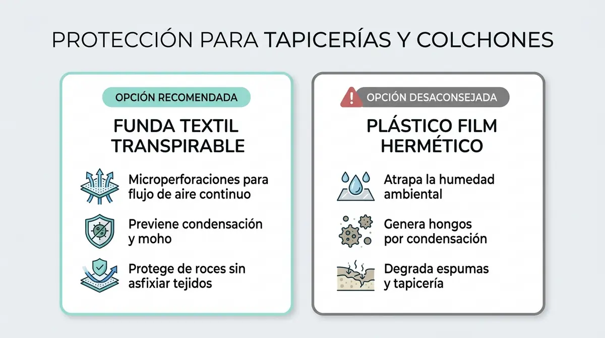 Comparativa visual entre fundas transpirables microperforadas y film plástico convencional para embalar muebles.