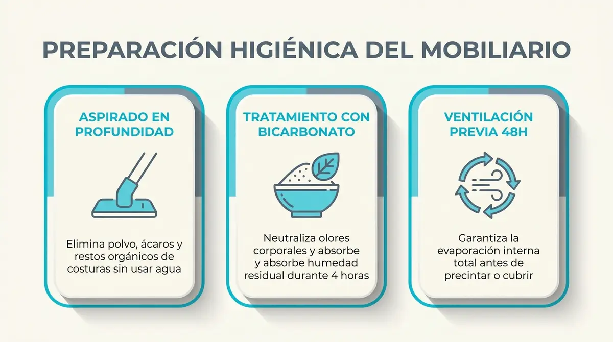 Infografía con tres etapas para la preparación higiénica de sofás y colchones antes del almacenamiento.