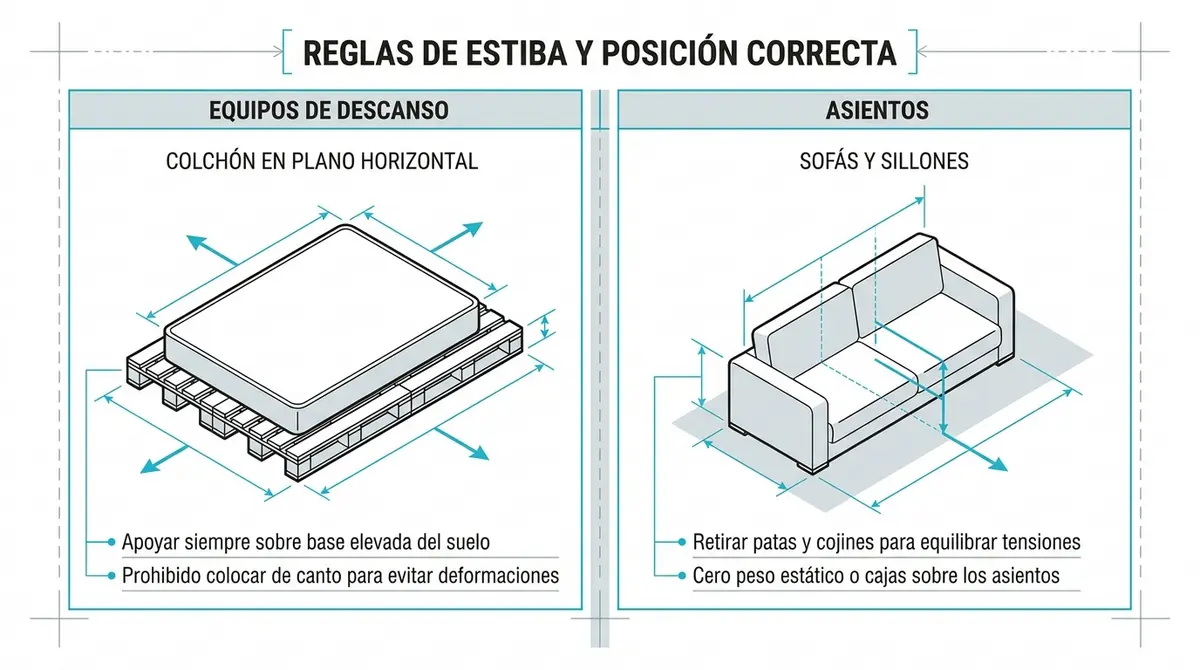 Diagrama técnico con las reglas esenciales de colocación y estiba para colchones y sofás en guardamuebles.